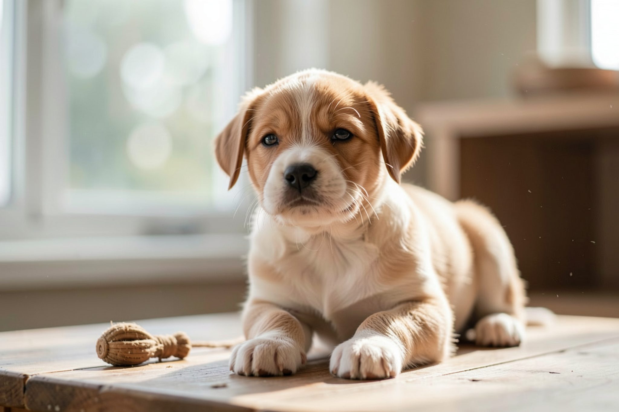 Un salon d'appartement en fin d'après-midi, lumière douce entrant par une fenêtre, un chien de taille moyenne couché sur un tapis près d'un canapé,
