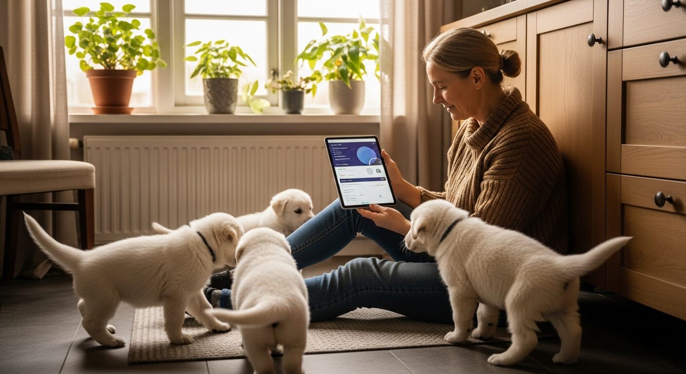 Gros plan sur une brosse à dents canine et un tube de dentifrice pour animaux posés sur un plan de travail clair, près d'une gamelle en inox, lumière